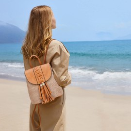 NICOLE & DORIS Women's Small Backpack Straw Backpack Summer Beach Bag Fashion Backpacks Drawstring Shoulder Bag Casual Daypack Travel Backpack Daypack with Tassels, gray, Casual