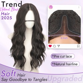 Eawwii Natural Black Long Wavy Wig for Women, Pre-Cut HD Lace Natural Hairline, Glueless Middle Part, Synthetic Fiber for Daily and Party Use 26Inch