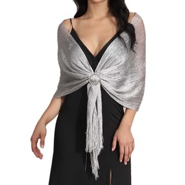Atigy Scarves for Women Festive Glitter Metallic Scarves Scarves with Fringes Party Wedding Scarf for Evening Dress, silver, Unit size