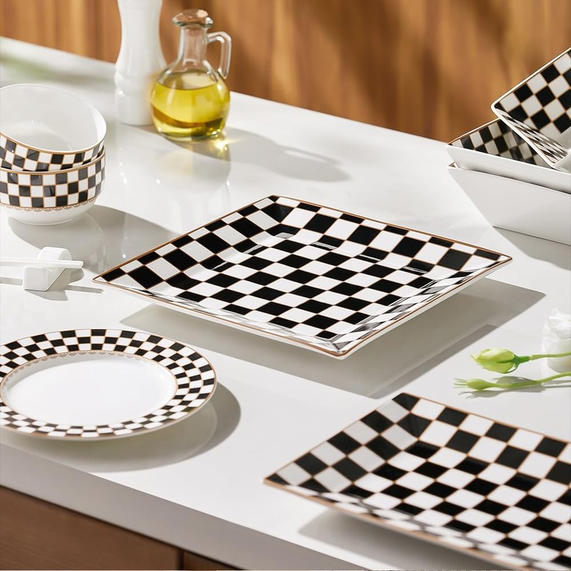 Porlien Checker Porcelain Square Dinnerware Set for 4, Dishes Set