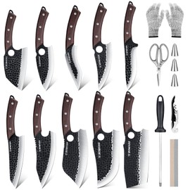 Meat Cleaver Butcher Knife Set of 17Pcs, Hand Forged Kitchen Knives Set, High Carbon Steel Chef Knife Set with bag & 6 Accessories, Boning Knives for Meat Cutting, Outdoor Cooking BBQ Camping Gift