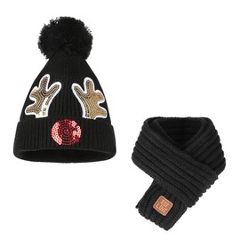 LONTG Kids Knitted Christmas Hat and Scarf Set Baby Toddler Xmas Bobble Hat Neck Warmer Children Winter Warm Beanie Cap Cute Deer Horn Pom Pom Hat and Scarves Set for Child Boys Girls 1-5 Years Old
