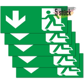 Emergency Exit Sign, Pack of 5, Premium Stickers, 24 cm x 9 cm, Escape Route, Safety Marking (Arrow ↓)