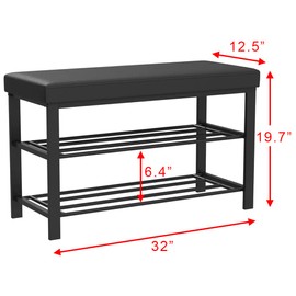 Finnhomy Entryway Shoe Rack with Cushioned Seat, Shoe Bench for Entry, 2 Shelves Storage Bench w/Faux Leather Top Bed Bench, Black