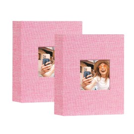 Artmag Small Photo Album 4x6-Clear Pages, Pack of 2 Linen Cover with Front Window, Each Small Album Holds 52 Photos,Artwork or Postcards(Pink)