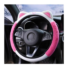 Bittwee Car Steering Wheel Cover, Fluffy Soft Plush for Winter Warm, Cute Steering Wheel Protector with Kitty Cat Ears, Universal 15 Inch, Elastic & Anti-Slip, Lovely Decor Car Accessories (Rose Red)