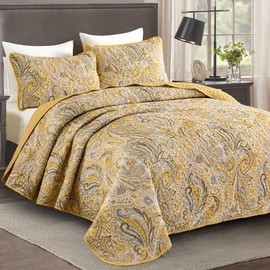 DJY Yellow Paisley Quilt Set Queen Size Boho Quilt Bedspread Set 3 Pieces, Soft Lightweight Paisley Floral Pattern Coverlet Bedding Set for All Season, 96''x90''
