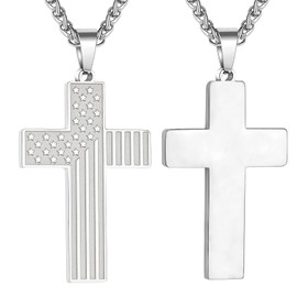 Apsvo American Flag Cross Necklace for Men Religious Bible Verse Pendant Stainless Steel Chain Country Necklaces Catholic Christian Gift(Silver, American Flag)