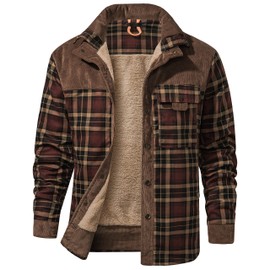 Flygo Men's Flannel Jacket Loose Plaid Sherpa Lined Flannel Shirt Snap Button Warm Winter Jackets Pockets(Coffee-S)