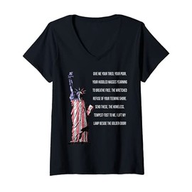Womens Statue Of Liberty The New Colossus 4th of July American Flag V-Neck T-Shirt