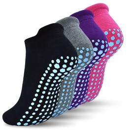 DECOVICI Yoga Grip Women Socks, Non Slip Pilates Socks with Grippers Slipper Ankle Athletic Socks for Dance, Fitness, Gym, Hospital, Home, Trampoline 4 Pairs(Black+Gray+Pink+Purple,M)