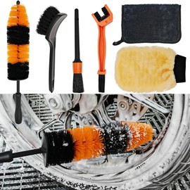 OSEPOH Motorcycle Cleaning Brush Kit 6 Pack with Easy Reach Brush,Wool Wash Mitt,Detailing Brush,Tire Brush,Chain Brush and Microfiber Towel for Cleaning Motorcycle Mudguard, Rims, Paint, Exhaust