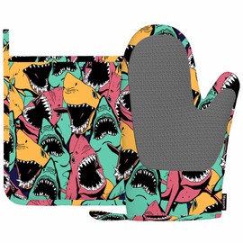 Mxocom Shark Oven Mitts and Pot Holders Sets Sea Ocean Fish Angry Sharks Wide Mouth White Teeth Aqua Silicone Heat Resistant Kitchen Oven Gloves Pot Holder for Cooking