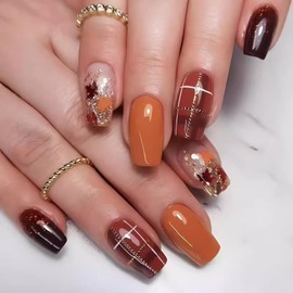 Autumn Press on Nails Medium Square - Fall Red Fake Nails Acrylic Nails Press ons Nail Art Tips With Gold Line Glitter Maple Leaf Design Full Cover Orange False Nails Stick on Nails for Women