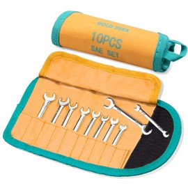 GOLD DEER 10 Pcs Mini Double Open End Wrench Set Standard SAE 5/32"-7/16" Extra Slim Open End Angle Wrench with Storage Roll Pouch, Small Double Open End Spanner Wrench Set Ignition Wrench Set