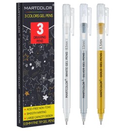 MARTCOLOR Gold Silver White Gel Pens, 0.5mm Extra Fine Point Opaque Archival Ink Pen for Black Paper Drawing, Art Highlight, Illustration, Bullet Journaling, Card Making & DIY Projects, 3 Pack