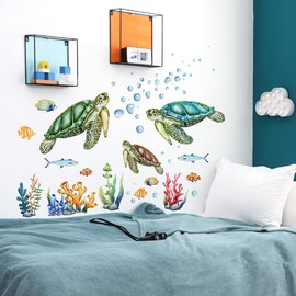 Mestiker Sea Turtle Wall Sticker Children's Room Bathroom Sticker Cute Sea Animal Wallpaper Sticker Removable Stylish Scandinavian Whale Interior Kindergarten Nursery Wall Sticker Decoration -35.4 x