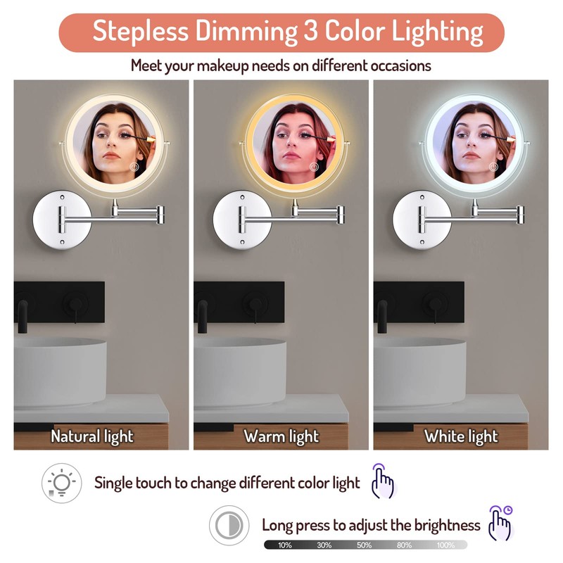 Rocollos Rechargeable Wall Mounted Lighted Makeup Mirror, 8 Inch Double-Sided