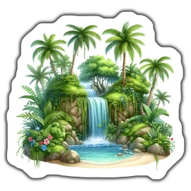 Tropical Paradise Waterfall Sticker, Jungle Nature Scene, Lush Greenery and Palms, Outdoor Scenic Art, Vinyl Decal for Laptop, Car, Water - 5-Inch Sticker - 2-Pack - CCSTICKER01153