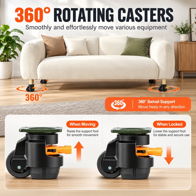 Heavy Duty Leveling Casters for Equipment – 360° Swivel Height-Adjustable