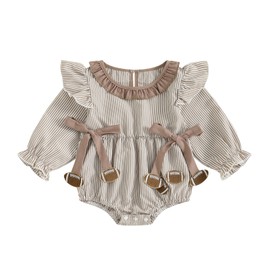 Xnqiwq Newborn Baby Girl Football Outfit Football Onesie Bubble Romper Smocked Striped Bodysuit Infant Fall Clothes (Khaki, 0-3 Months)