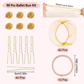 90Pcs Hair Bun Net Set, Incluede 40 Invisible Blonde Ballet Hair Nets with 10p Elastic Hair Tie and 40 Hair Pin, Elastic Mesh Hairnets Hair Styling Accessories for Ballet Dancer Women Child (Gold)