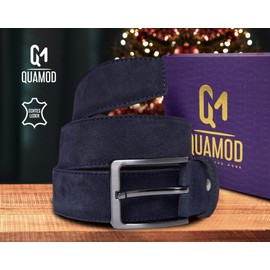 QUAMOD Suede Belt for Men and Women, High-Quality Velour Leather Belt, Unisex, 3.5-4 cm (35-40 mm) Wide, Suede Belt with Gift Box, Environmentally Friendly and Fair Production, 40 mm navy blue