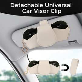 KINIVA Sunglasses Holder for Car Visor Faux Leather Glasses Case with Detachable Clips for Car Visor Automotive Interior & Travel (White)