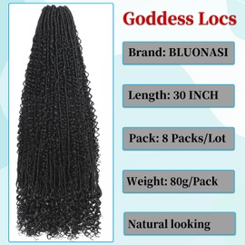 Boho Faux Locs Crochet Hair 30 Inch Goddess Locs 8 Packs Boho Soft Locs Crochet Hair with Curly Ends Pre-looped Long Bohemian River for Black Women (1B#, 30 Inch (Pack of 8))