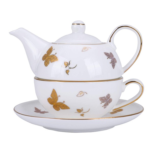 fanquare Gold Butterfly Porcelain Tea for One Set, Coffee Cup Set with Teapot, Cup and Saucer