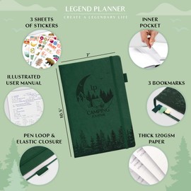 Legend Camping Journal – Hardcover Camper & RV Trip Planner – Notebook to Plan Travel & Camp Adventures with Packing Checklist, Meal Plan & Camping Bucket List – 30 Trips, 7" x 10" (Dark Green)