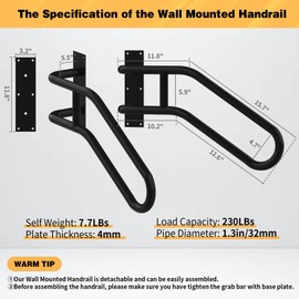 Left Side Wall Mounted handrail, Garge Door Stair Railing for 1-3 Steps(Polished Black, Left Side, 230LBs Loading)