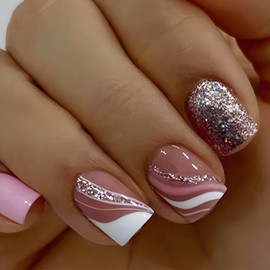 24 Pcs Short Square Press on Nails French Fake Nails RIICFDD Pink False Nails with Lines Designs Glitter Press ons Full Cover Stick on Nails for Women Girls Artificial Nails