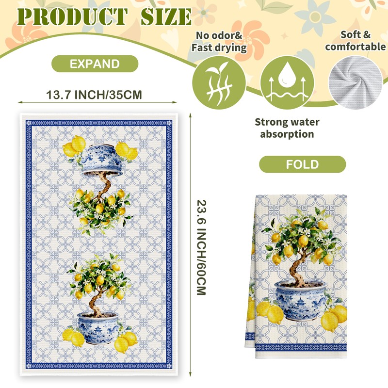LSJEHTQ Chinoiserie Lemons Tree Kitchen Towels, Blue and White Porcelain