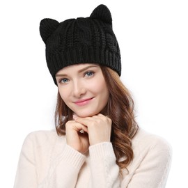 Women's Hat Cat Ear Crochet Braided Knit Caps,Black
