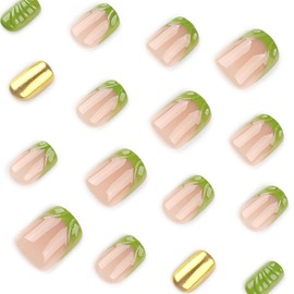 Green & Gold Chrome Press on Nails Short Square Fake Nails Green French Tip Nail Press ons with Design,Reusable Artificial Nail Full Cover Glossy Glue on Nail Stick on Nails for Women Manicure 24 Pcs