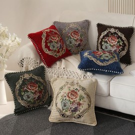 Qupace Set of 2 Beige Vintage Embroidered Throw Pillow Covers for Sofa Couch,Cushion Pillow Euro Sham Covers 18x18in Victorian Floral Cushion Covers