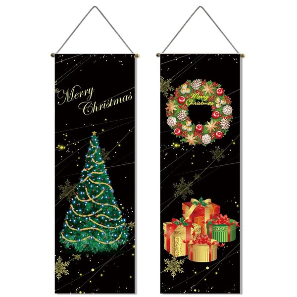 next.design Set of 2 Christmas Wall Scroll Thin Tapestry Tree Wreath Design Decoration Tabletop Room Japanese Style Party Goods Miscellaneous Goods Poster Decoration Entrance Indoor Outdoor Figurine Wall Hanging (Design 2)