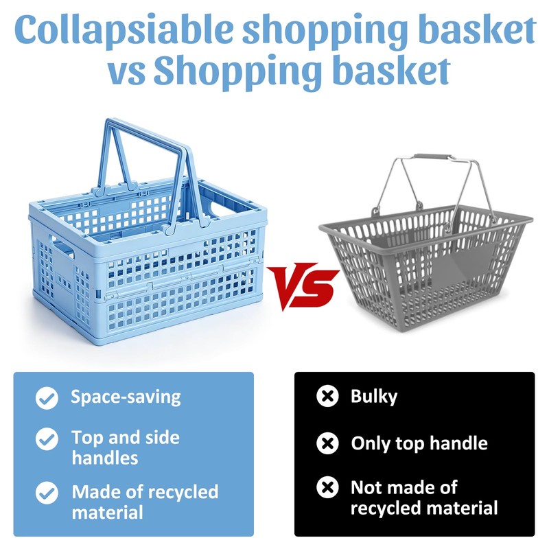 Carperipher Plastic Storage Basket,15L Collapsible Milk Crate with Handle,Foldable Shopping