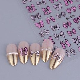 Valentine’s Day Nail Art Stickers Glossy Pink Bow-Knot Nail Decals 3D Self Adhesive Nail Art Supplies Cute Bow Nail Decals with 6 Colors and Shapes for Women Valentine’s Nail Decorations