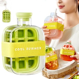 Ice Cube Bottle, Cool Summer Ice Bottle Cup, Ice Cube Tray Cup with Lid and Bin, 2 in 1 Zero Touch Press Ice Cube Mold Bottle, Touch-Free Easy Release Silicone Mold Water Kettle for Coffee, Juice