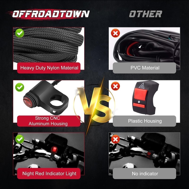 OFFROADTOWN 2 Leads LED Light Bars Wiring Harness Kit w/Motorcycle