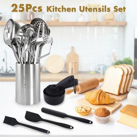 Stainless Steel Cooking Utensils Set, 25pcs Kitchen Utensils Set with Holder, Heat Resistant Kitchen Utensils Sets for Cooking with Turners, Potato Masher, Skimmer, Spoons, Tongs, Whisk