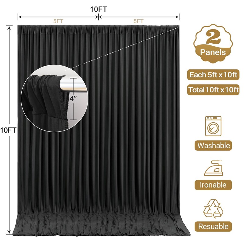 10x10ft Black Backdrop Curtain Panels for Parties - Wrinkle Free