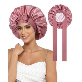 Satin Bonnet for Women with Elastic Tie Band - Silk Bonnets for Sleeping Double Layer Sleep Cap for Curly Hair, Reversible Night Hair Wrap (Bean Paste Color + Pink)