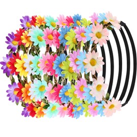 Bememo 24 Pieces Hippie Headband Glass Costume Set, Includes 12 Pieces Multicolor Lady Girl Flower Headbands, 12 Pieces Round Hippie Sunglasses for Festival Party