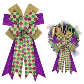 ALIBBON Large Mardi Gras Bows for Wreaths, Mardi Gras Wreath Bows, Glitter Purple Gold Green Bows, Buffalo Plaid Bows for Front Door, Mardi Gras Decorations Bows for Mardi Gras Carnival Decor