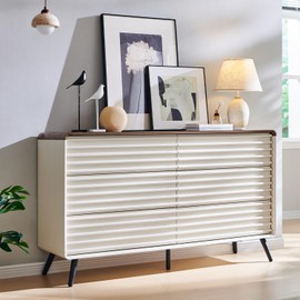 RedLemon 6 Drawers Dresser for Bedroom, 54'' Wide Mid Century Modern Wood Fluted Double Dresser, Chest of Drawers with Tapered Leg for Bedroom, Living Room, Hallway, Closet, Antuique White