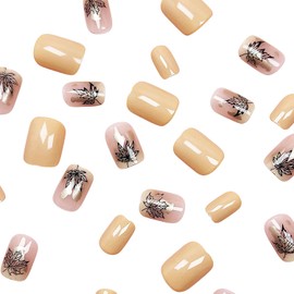 24Pcs Press On Nails Short Square Fake Nails Fall Acrylic Nails Press Ons Milk Yellow False Nails With Black Maple Leaves Designs Fall Glossy Glue On Nail Full Cover Stick On Nail For Women