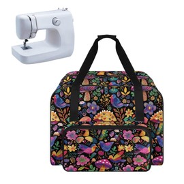 Sktodyaw Durable Sewing Machine Carring Case, Mushroom Floral Bird Print Universal and Spacious Travel Case for Sewing Machine and Accessories with Comfortable Handle and Front Pocket